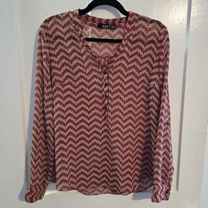 Ana Women's Red & Tan Chevron Print Long Sleeve V Neck Pullover Blouse, Size Med